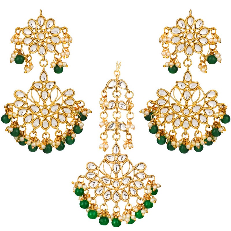 Aheli Indian Traditional Wedding Wear Faux Kundan Beaded Earrings with Maang Tikka Set Ethnic Fashion Jewelry Gift for Women Green 2 - Image 1